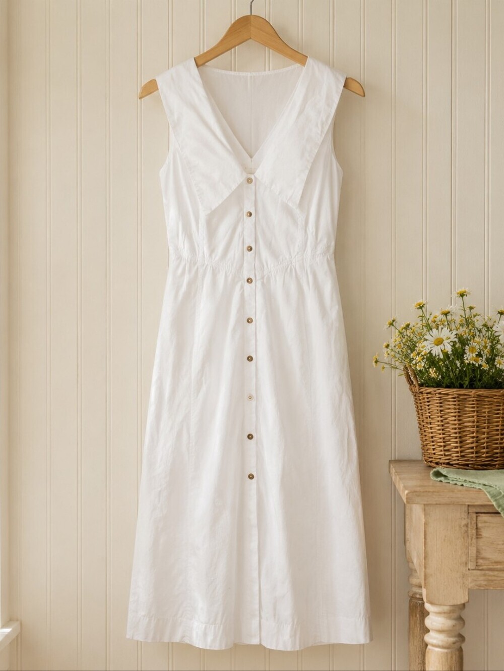 Anthropologie White Button Front Midi Dress Sleeveless Cottagecore Boho